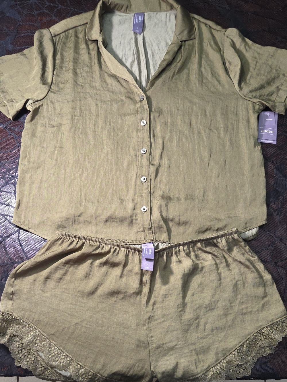 Auden Olive Green Short-Sleeve Button Satin Pajama Set - Medium